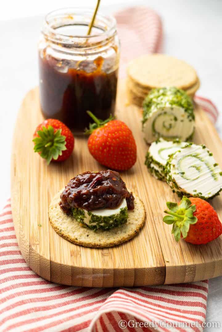 strawberry chutney on cheeseboard.