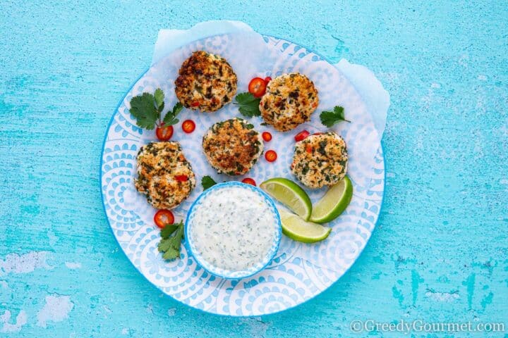 Thai Shrimp Cakes with prawn dip, lime and peppers