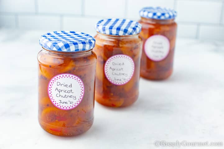 Three jars of a chutney recipe.