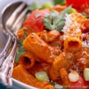 Close up of rigatoni smothered in a cajun sauce