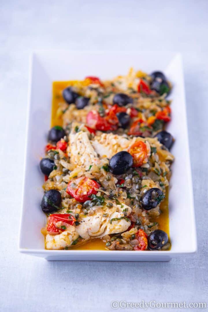 Pan Fried Haddock with Tomatoes, Olives and Capers