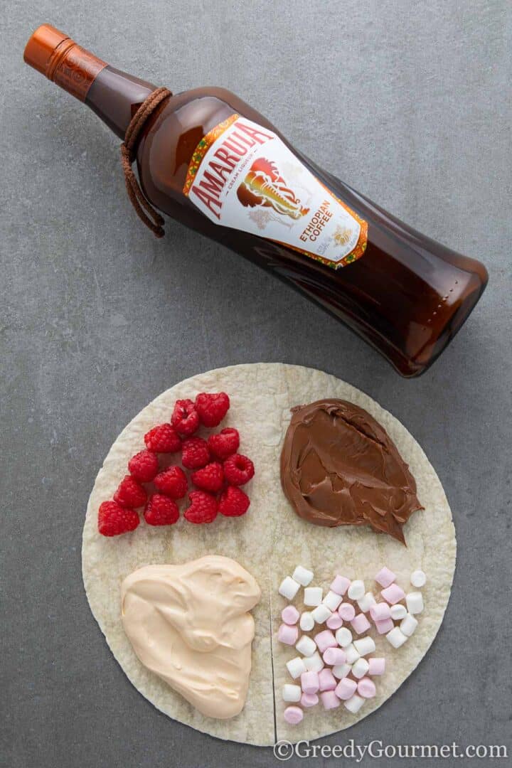 Tortilla wrap with raspberries and marshmellows