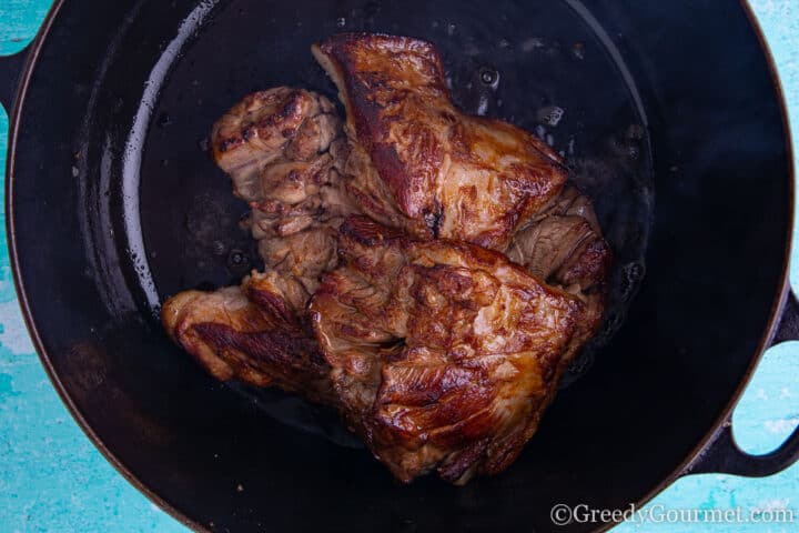 Sauteéd lamb in saucepan