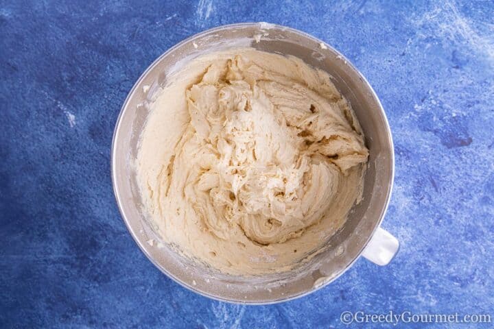 mixed cookie batter in a bowl.