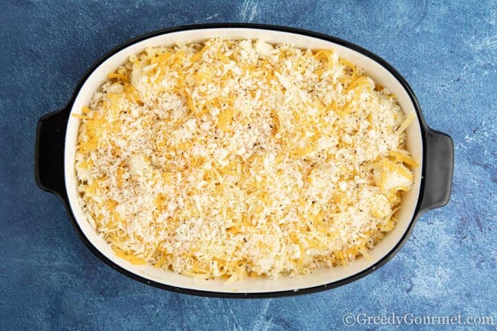 grated cheese and breadcrumbs topped on cauliflower pasta.