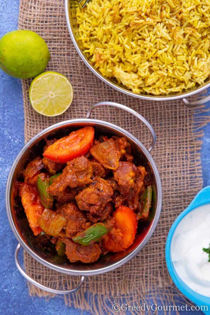 lamb balti serving with rice.
