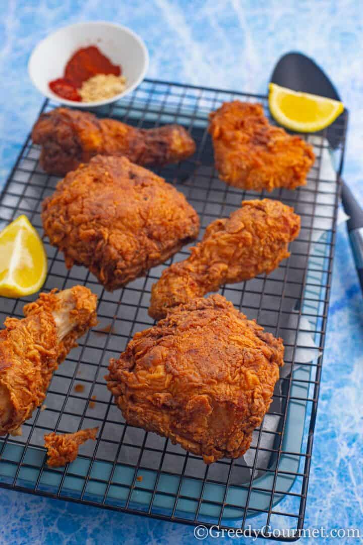 fried chicken on cooling rack.