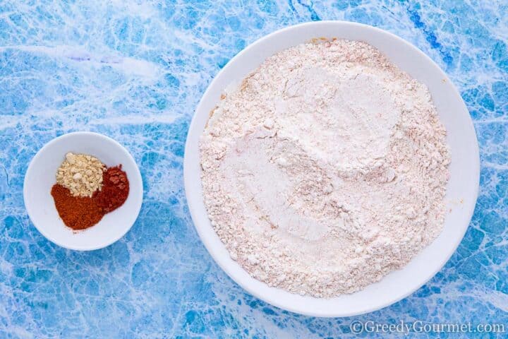 bowls of flour and spices.