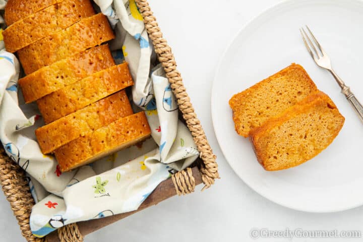 sliced loaf cake in a basket.