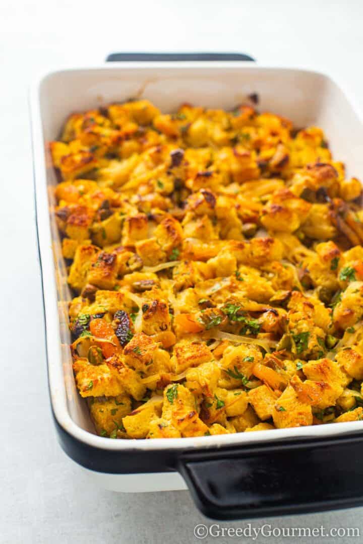 Dish full of apricot stuffing