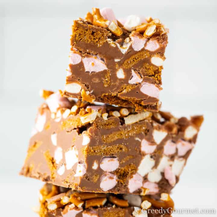 Piled high and upclose of a Rocky Road recipe