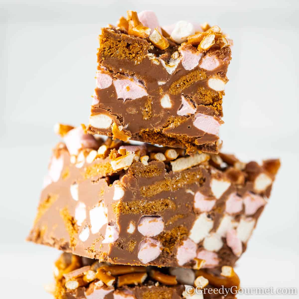 Piled high and upclose of a Rocky Road recipe