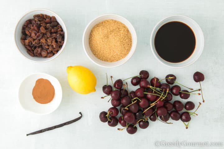 ingredients for cherry chutney laid on table 
