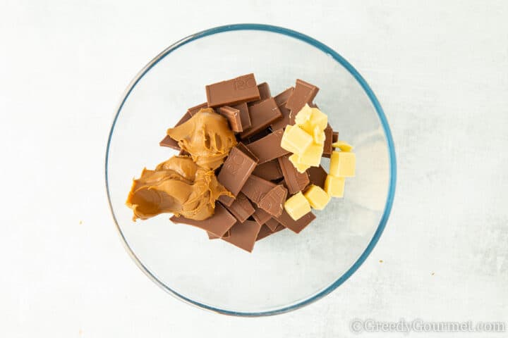 Chunks of chocolate and peanut butter to make a Rocky Road recipe