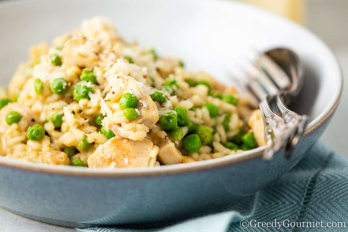 Close up of chicken risotto recipe.