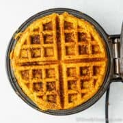 Leftover turkey waffle in a waffle maker