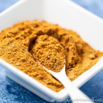Close up of a spoonful of old bay seasoning
