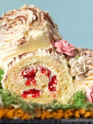 Two rolls of a white chocolate yule log for Christmas