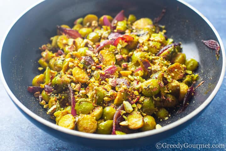 Pan of caramelized brussels sprouts.