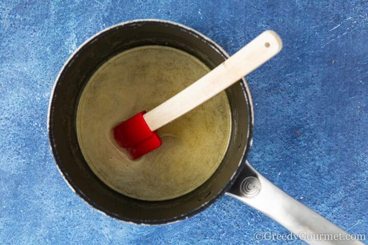 butter and syrup mixture in a pan.