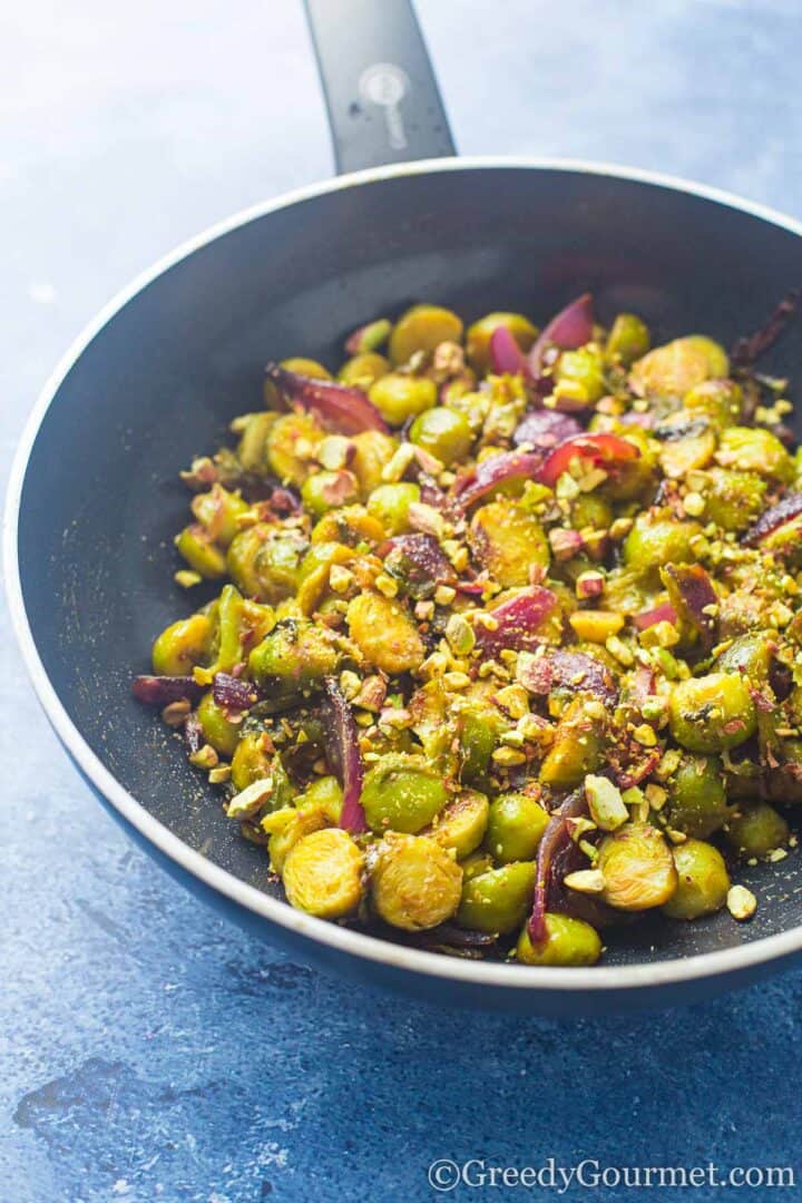 pan of caramelized brussels sprouts.