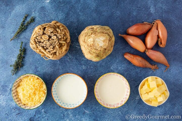 ingredients for celeriac gratin.