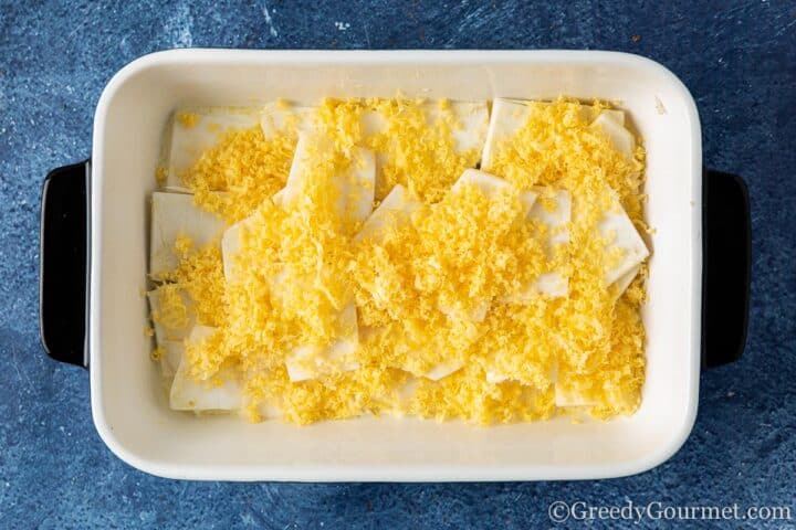 Cheese layer on celeriac gratin.