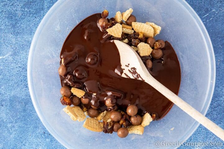 stirring chocolate ingredients together.