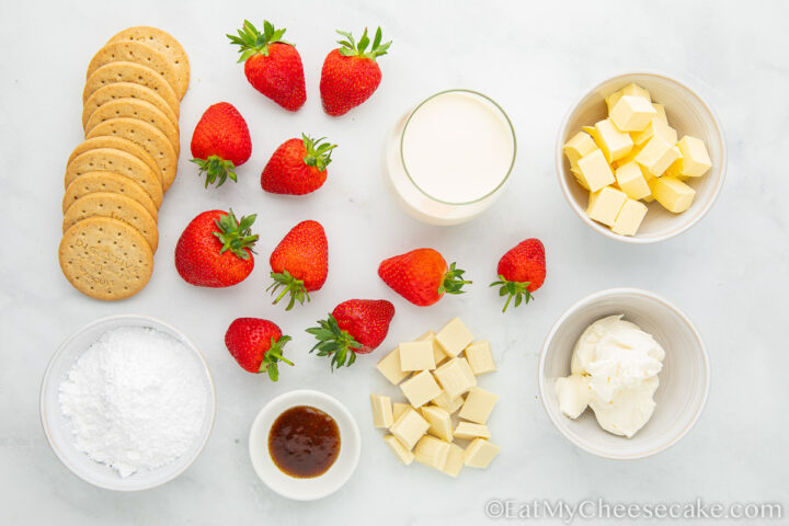 ingredients for strawberry and white chocolate cheesecake.