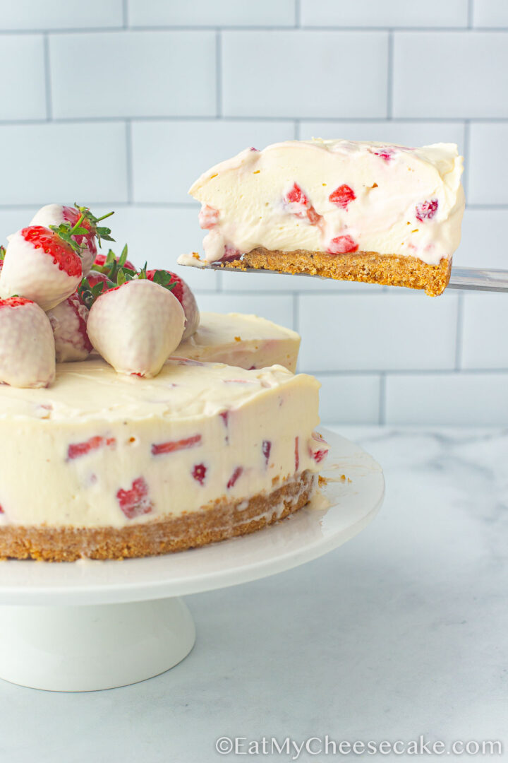 slice of strawberry and white chocolate cheesecake.