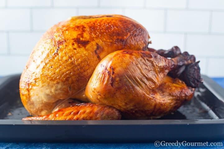 side view of slow roasted turkey.