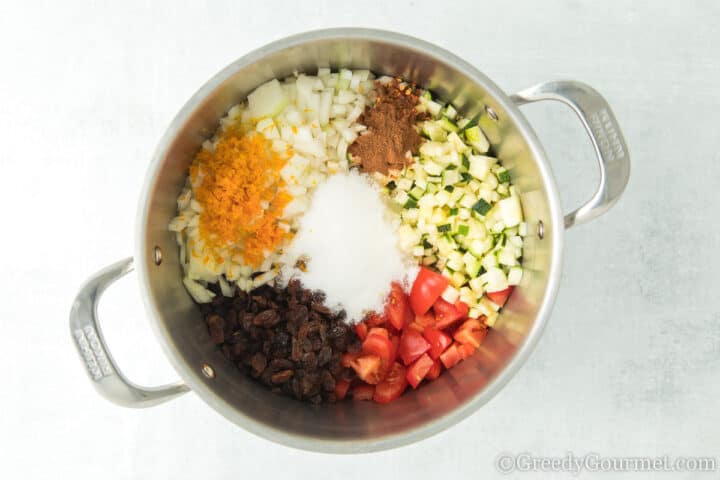 pot filled with ingredients for making chutney