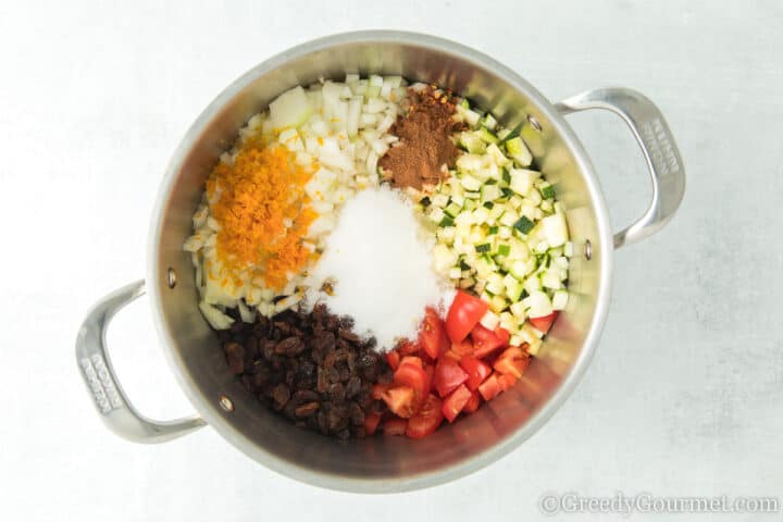 pot filled with ingredients for making chutney 