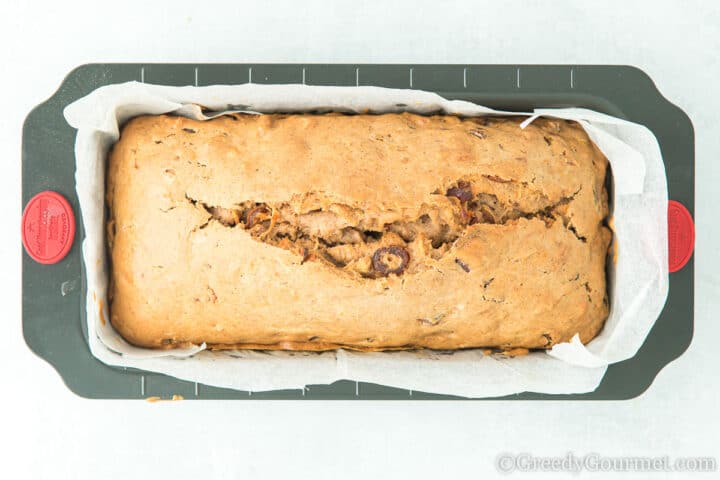 Cooked marrow cake in a loaf tin.