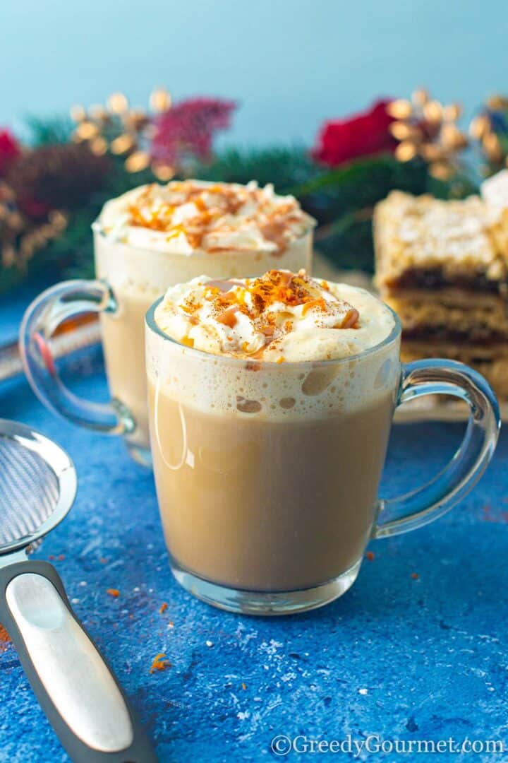 eggnog latte drizzled with caramel and cinnamon