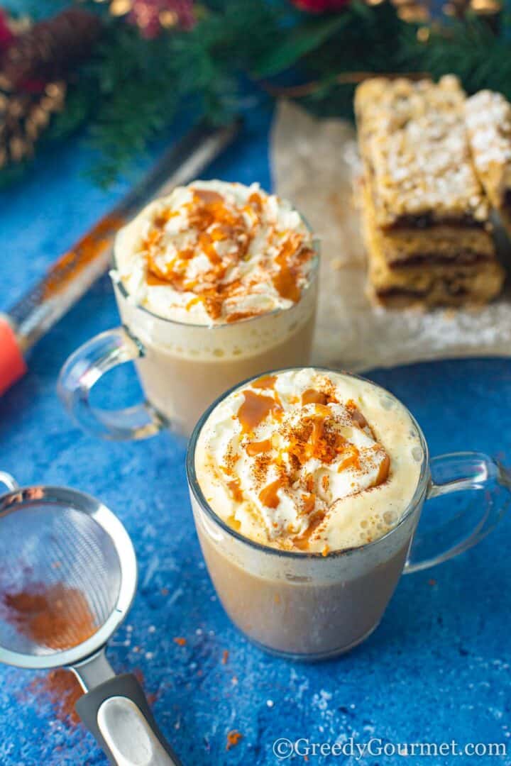 eggnog latte drizzled with caramel and cinnamon
