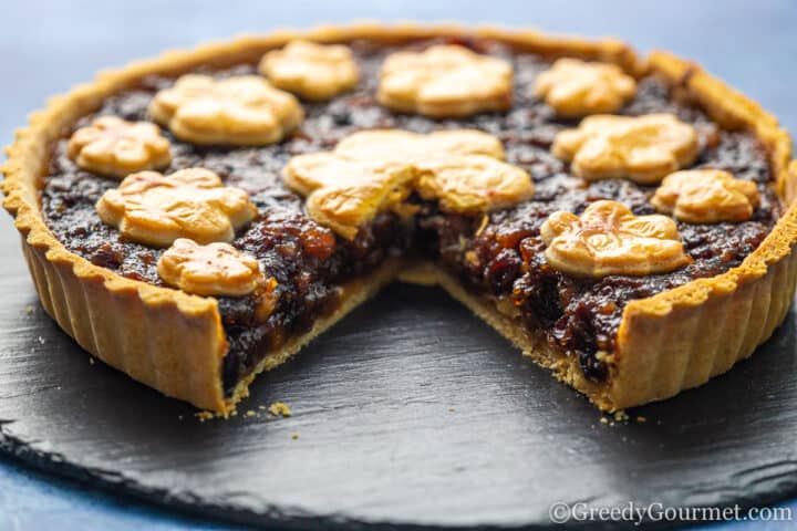 mincemeat tart on stone platter.