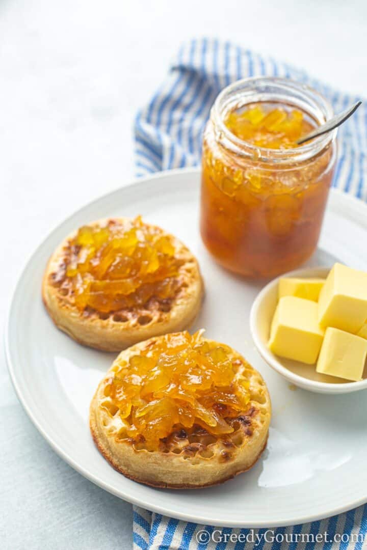 Marrow jam on crumpets.