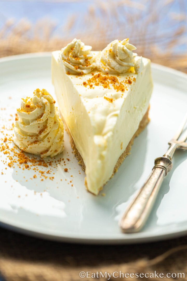 slice of no bake white chocolate cheesecake.