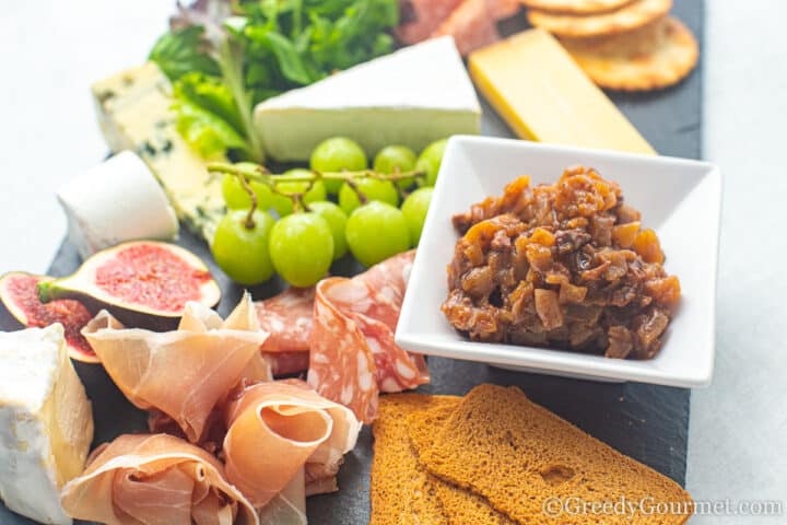 pear chutney on a charcuterie board