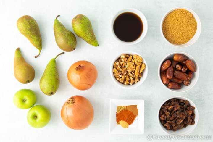 ingredients for pear chutney laid out on a table
