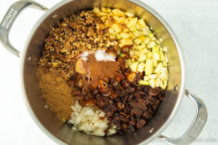 ingredients for pear chutney in a cooking pot