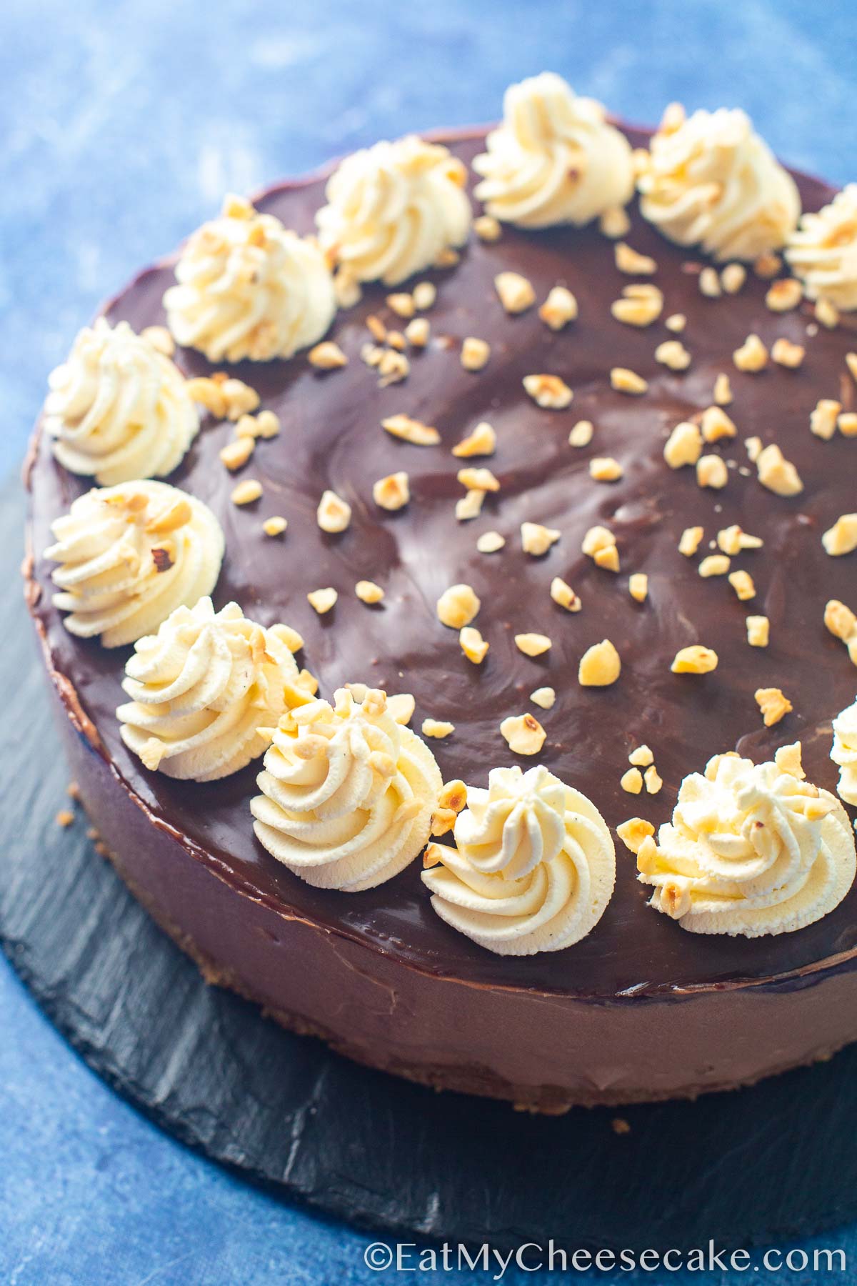 Nutella cheesecake with cream swirl decorations and sprinkled with nuts.