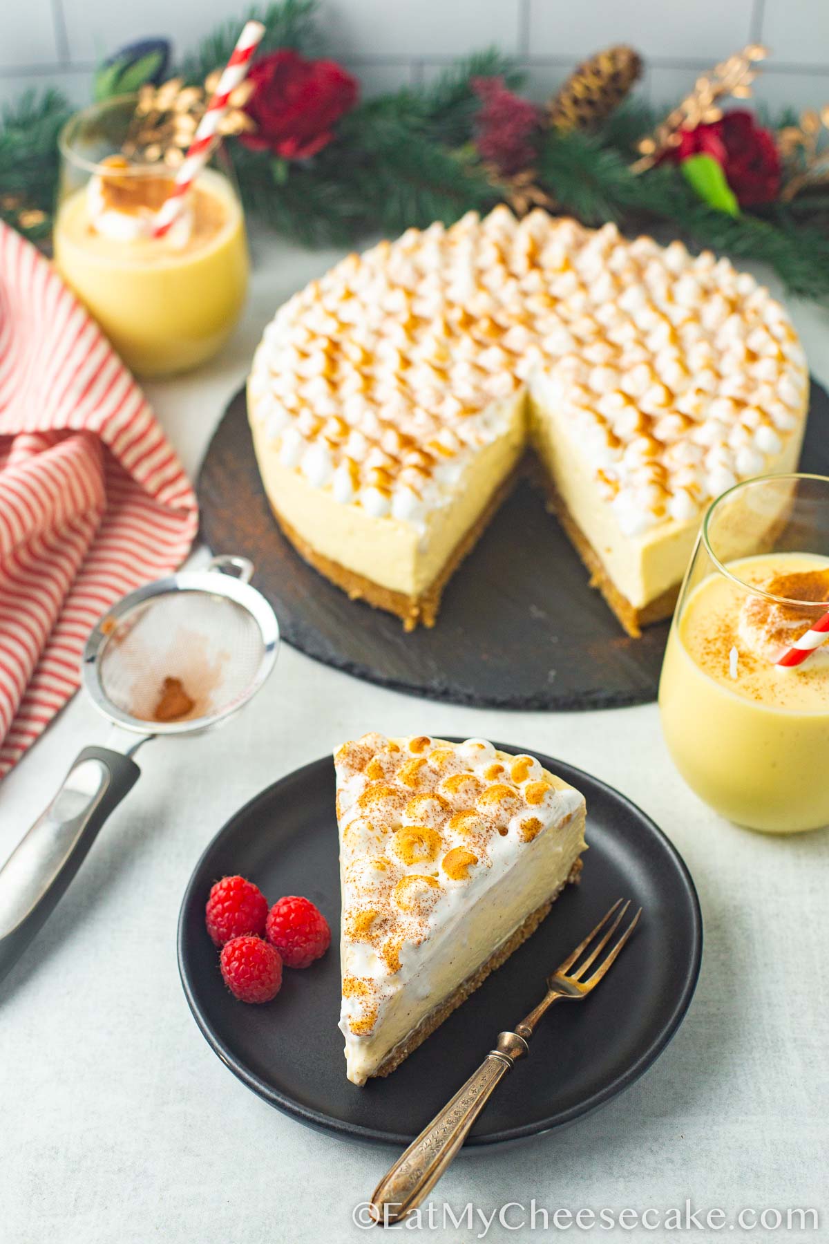 slice of eggnog cheesecake.