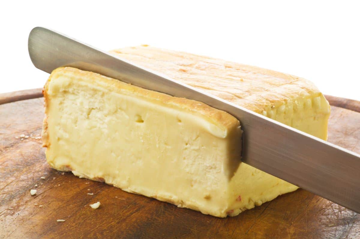 Cutting taleggio cheese.