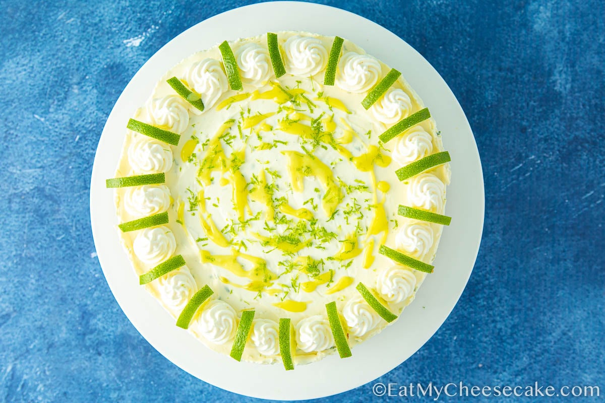 Decorated no bake lime cheesecake.