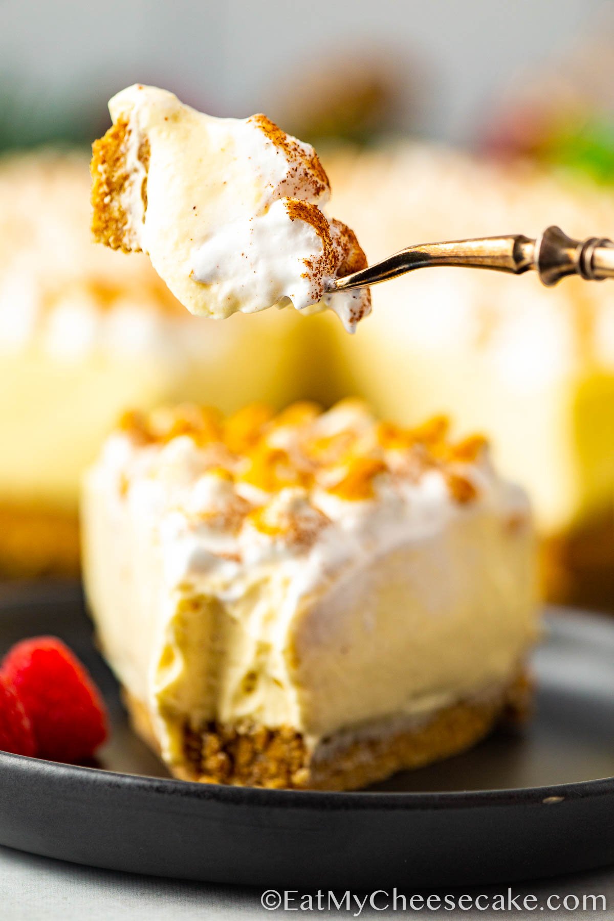 fork full of creamy cheesecake. 