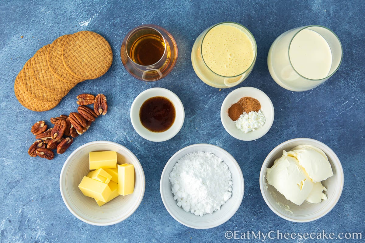 ingredients for eggnog cheesecake.