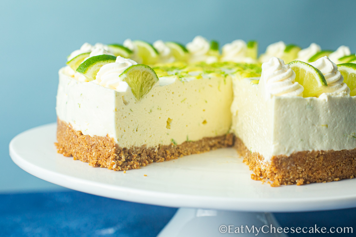 no bake lime cheesecake with a slice cut out.