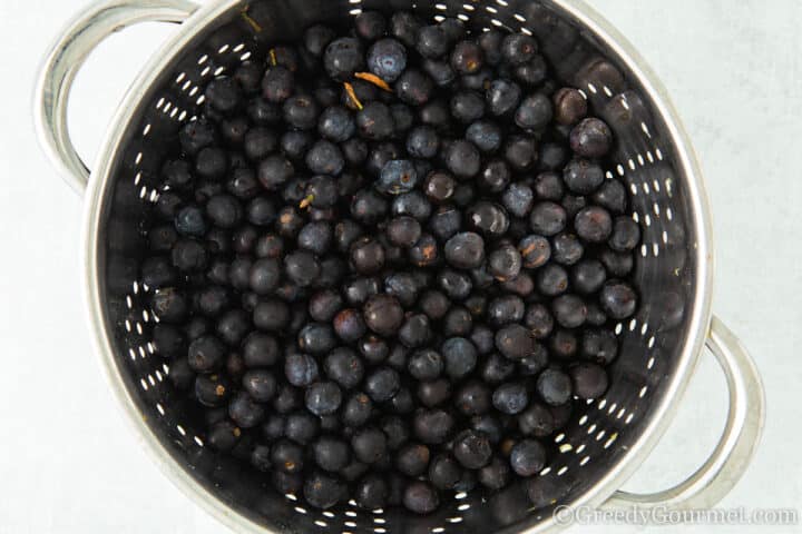 sloe berries in a colander. 